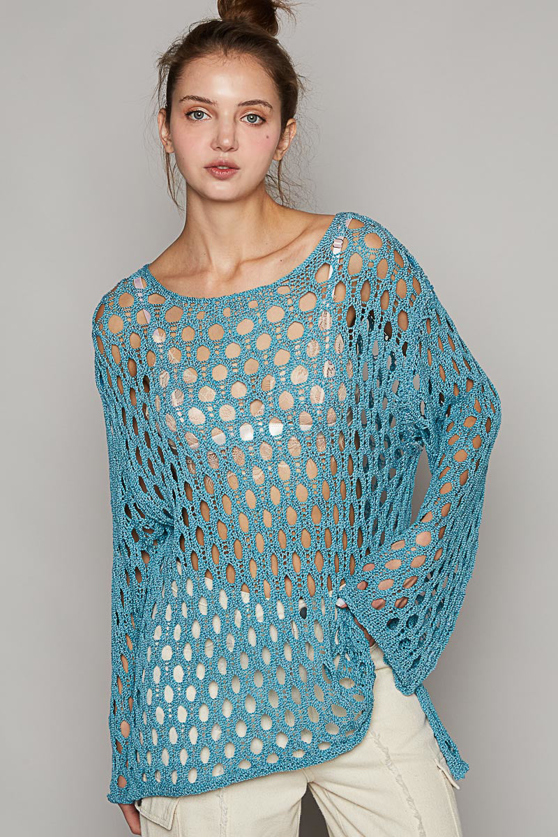 Blue Crochet Long Sleeve Top