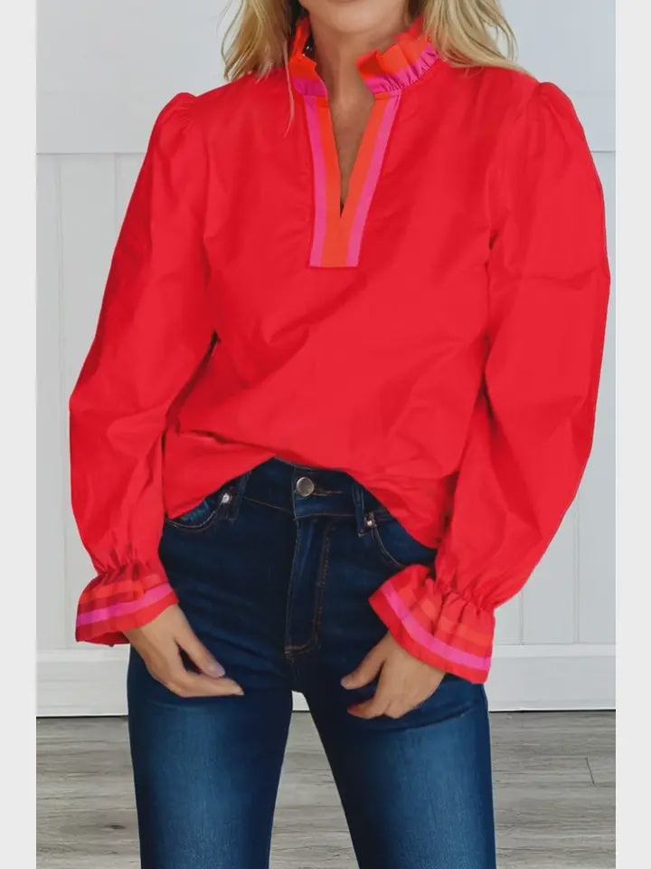 LAS Striped Trim Ruffle Long Sleeve Blouse