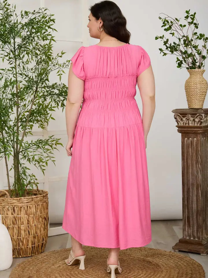 Shirred Bodice Ruffle Sleeve Midi Dress