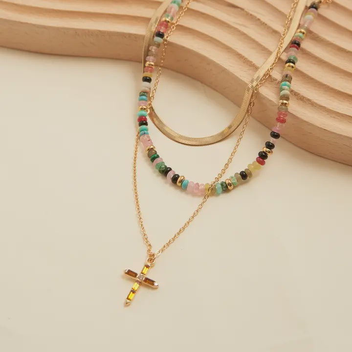Eliana Beaded Layered Cross Necklace