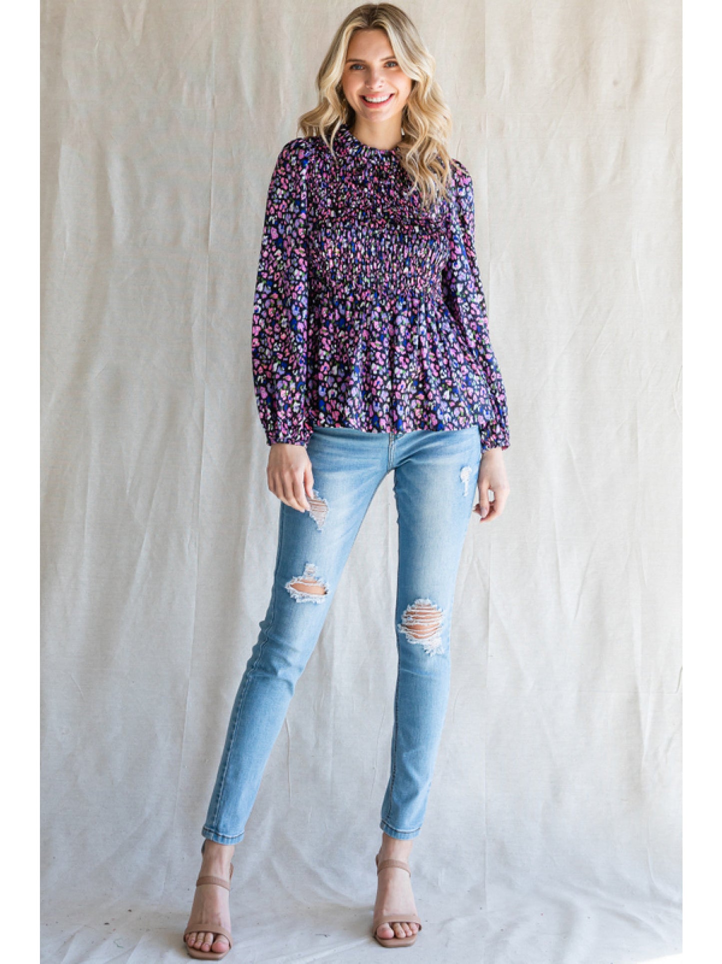 Satin Printed Smocked Bodice Babydoll Blouse