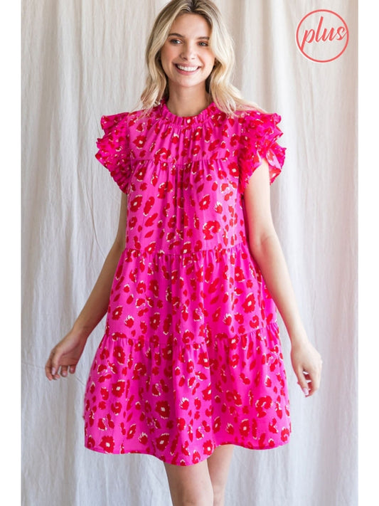 Hot Pink Leopard Print Ruffle Sleeve Tiered Dress