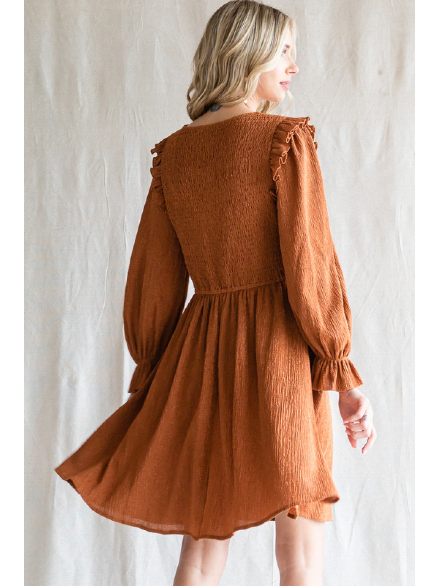 Textured V-Neck Smocked Dress w/ Ruffle Detail