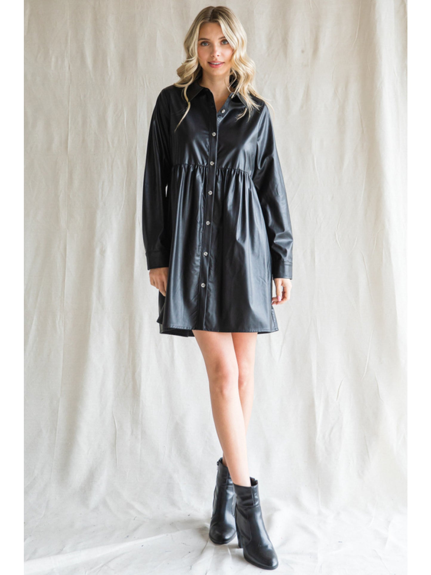 Leather Button Up Babydoll Dress
