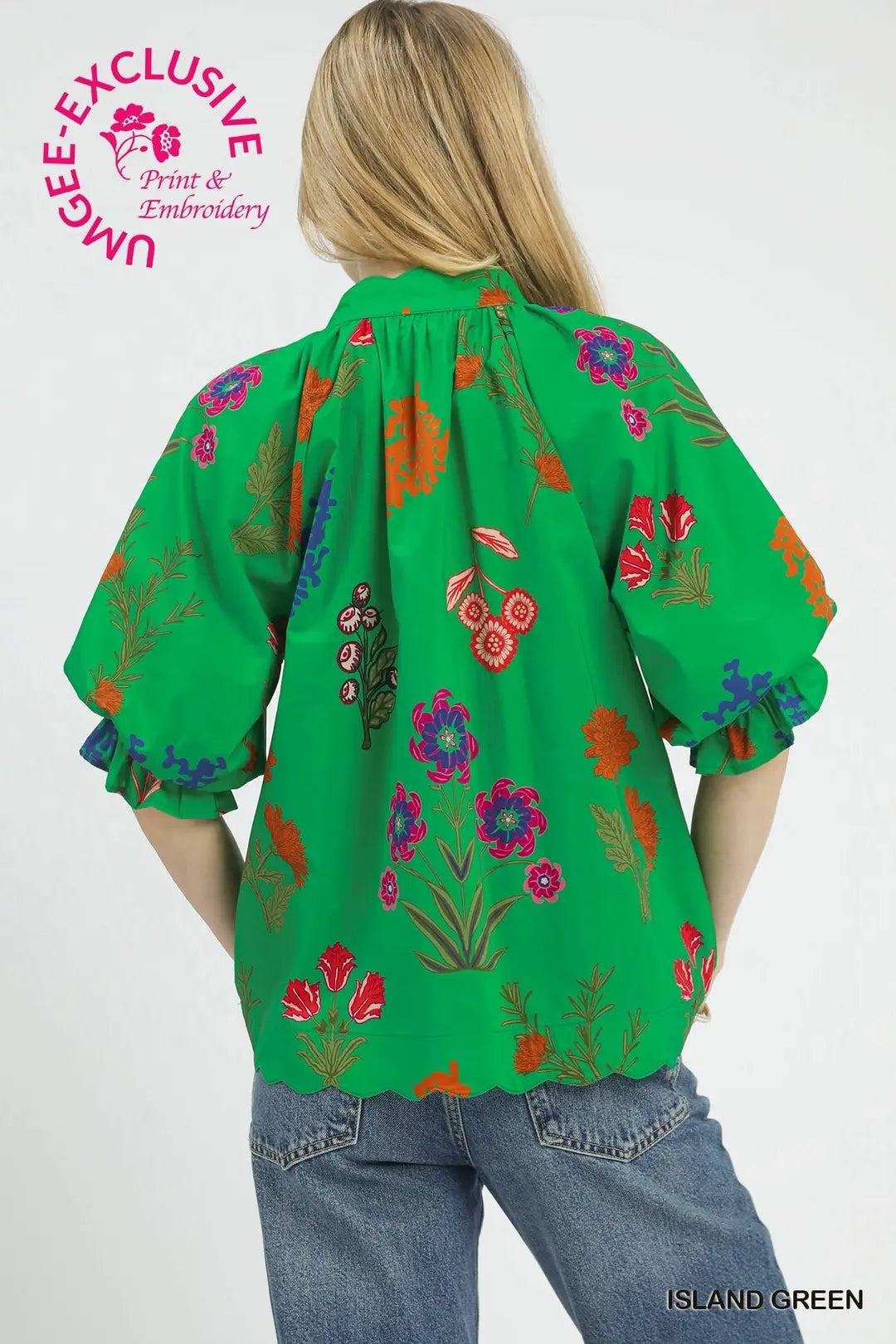 Green Floral Scalloped Hem Blouse