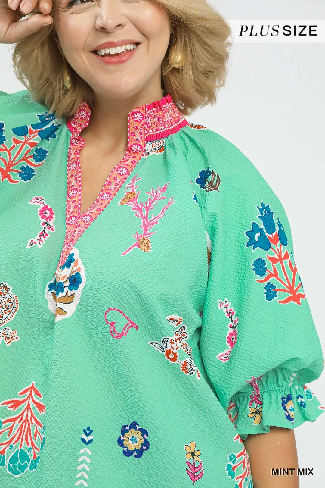Floral Print v-neck Smocked Collar