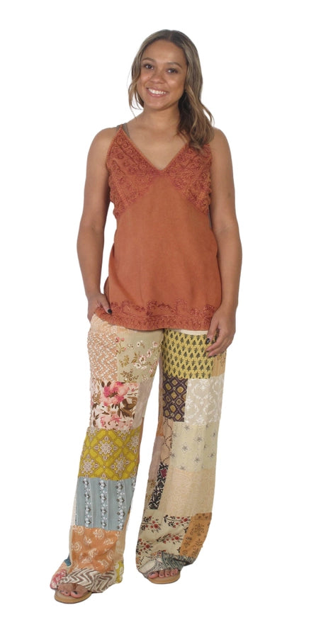 Patchwork Rayon Beige Pants