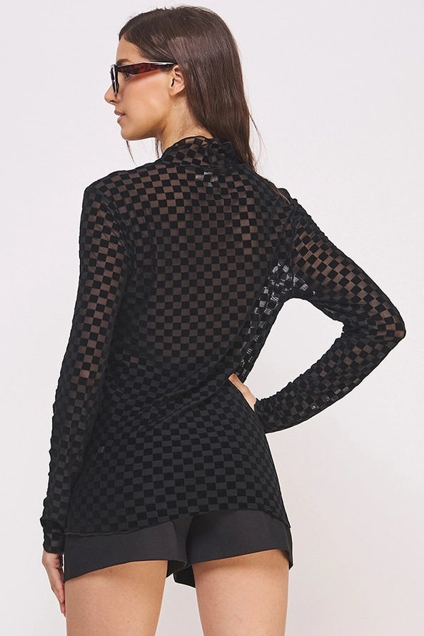 Long Sleeve Checkered Mesh Top