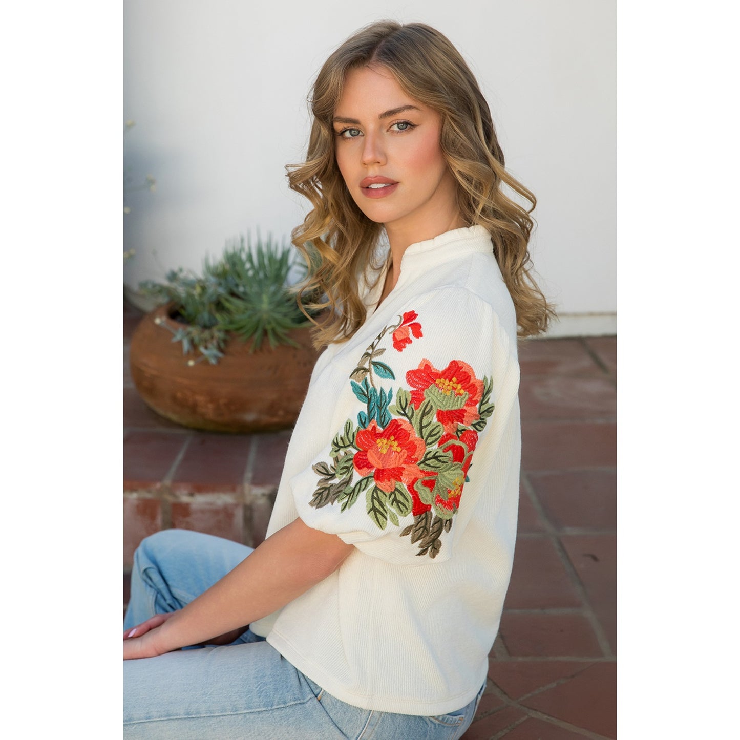 Cream Embroidered Puff Sleeve Top