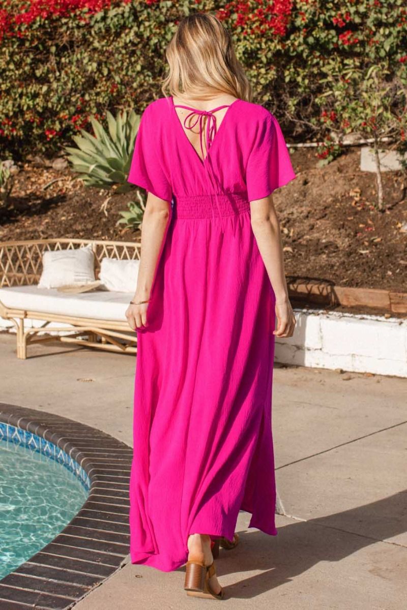 Wrap Maxi Dress Smocked Waist w/ Tie Back