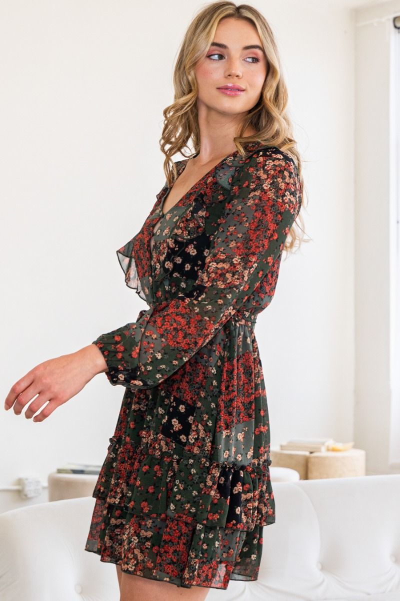 Floral V-Neck Mini Dress w/ Ruffle Detail