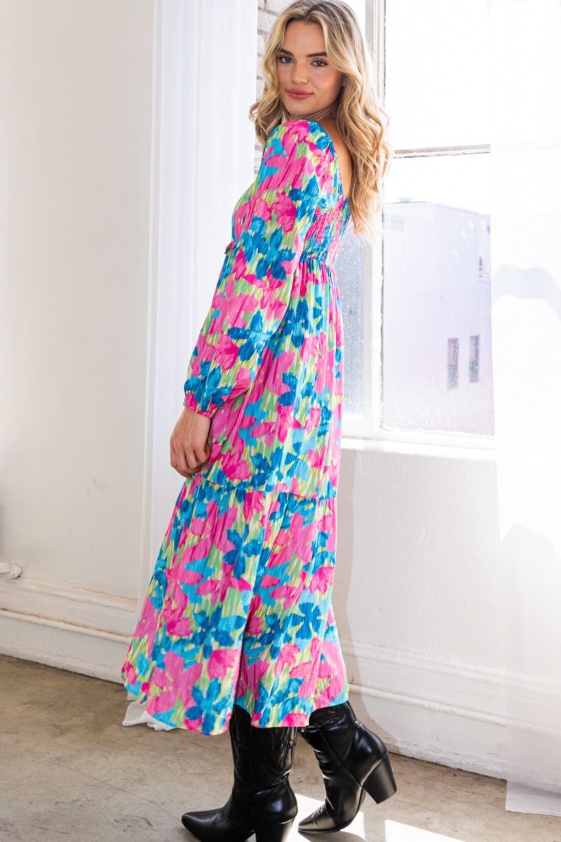 Floral Square Neck Smocked Bodice Midi Dress