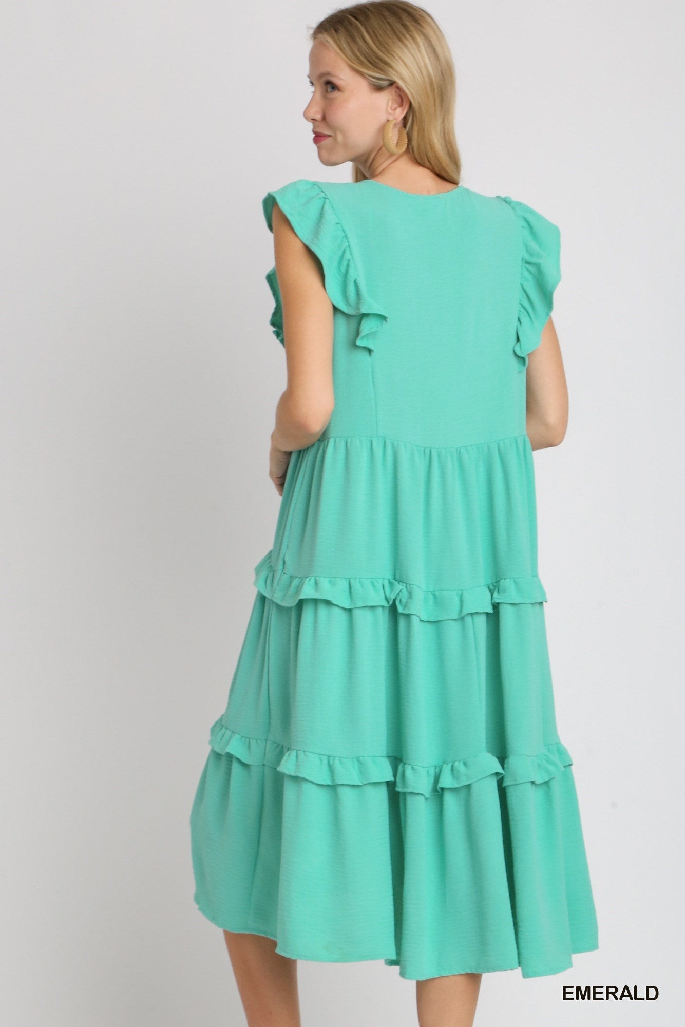 V-Neck Tiered Ruffle Midi w/ Ruffle Sleeve
