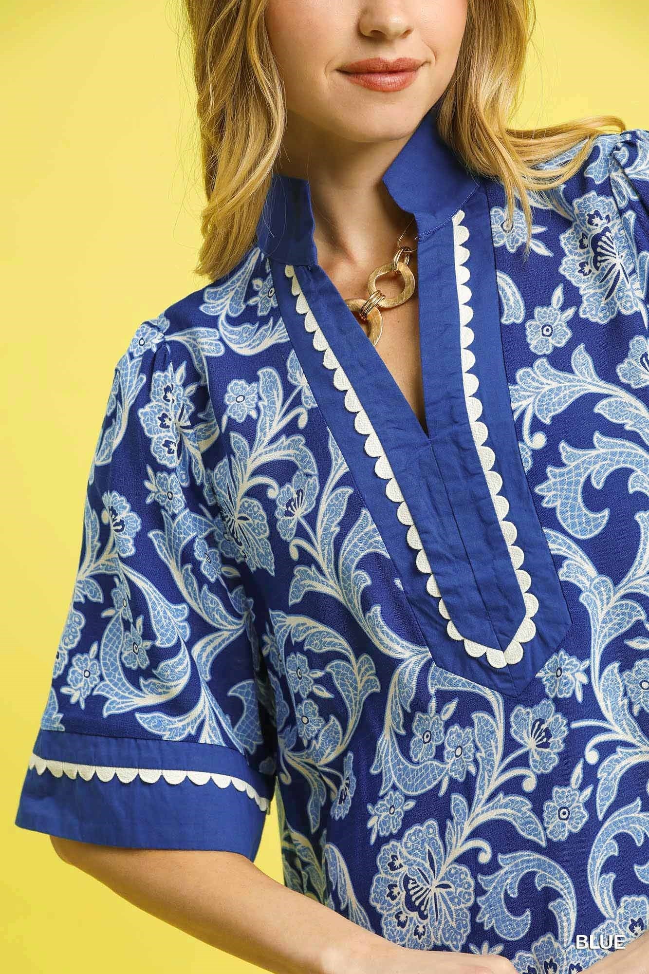 Scallop Trim Printed Tunic Dress