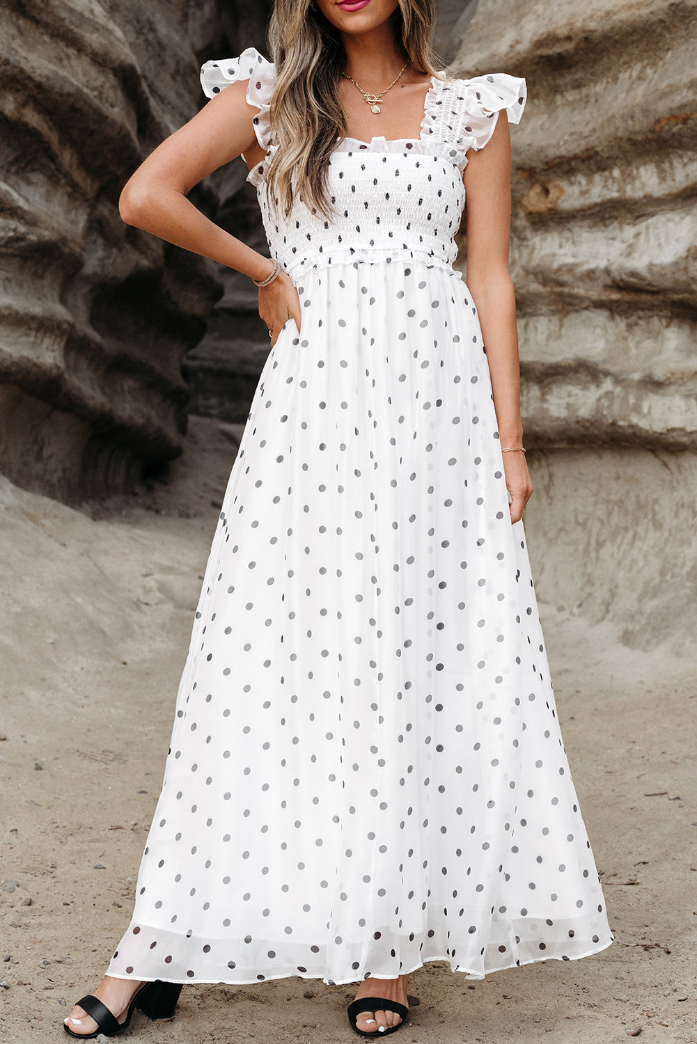 White & Black Polka Dot Maxi Dress