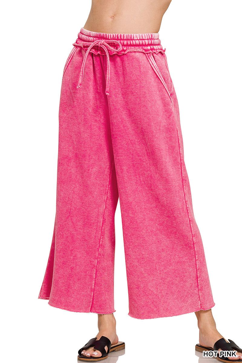 Acid wash fleece palazzo sweatpants with pockets