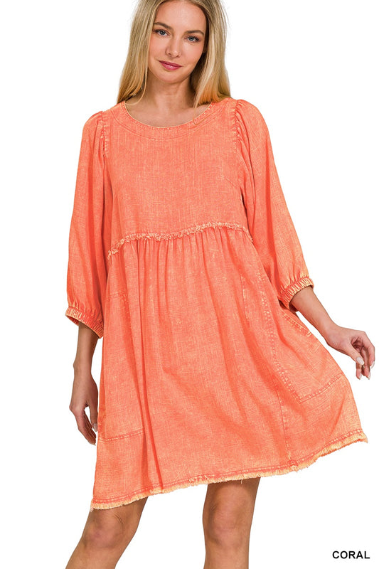 Washed Linen Pleated Babydoll Dress
