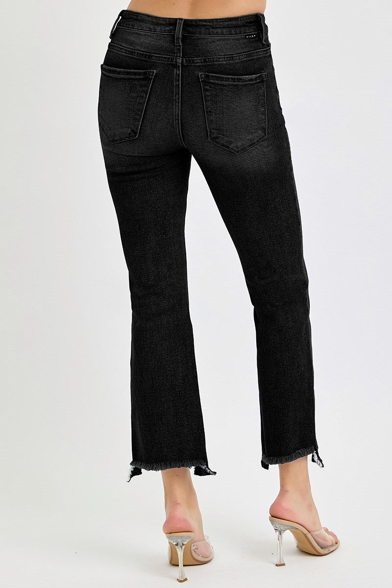 Black Mid-Rise Crop Bootcut Uneven Hem Jeans