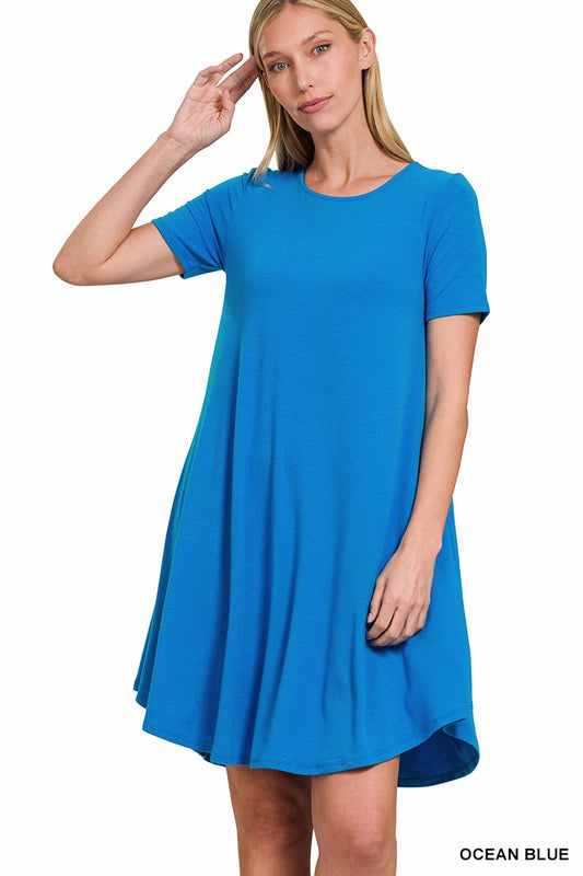 Short Sleeve Round Hem A-Line Dress w/ Pockets