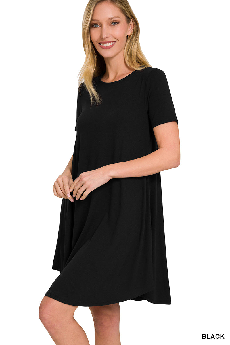Short Sleeve Round Hem A-Line Dress w/ Pockets