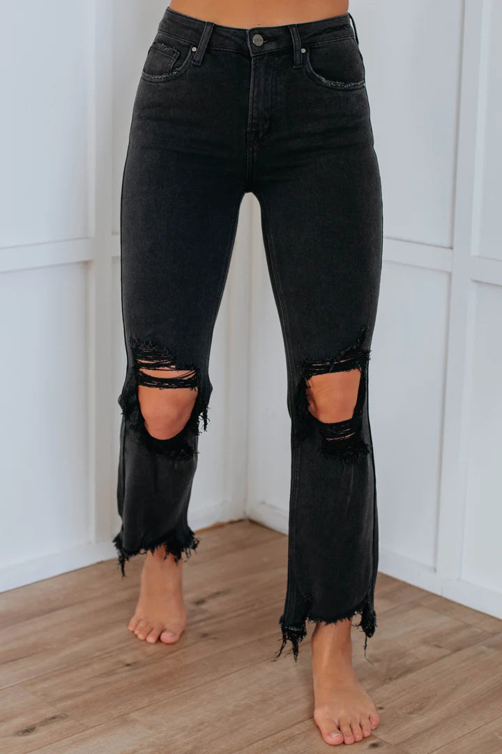 High Rise Distressed Knee Straight Jean