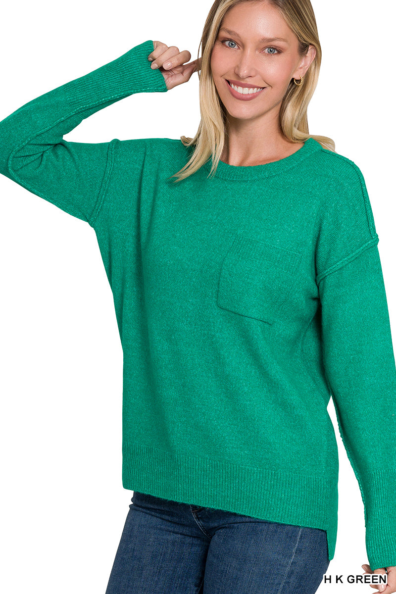 Hi-Low Hem Pocket Round Neck Sweater
