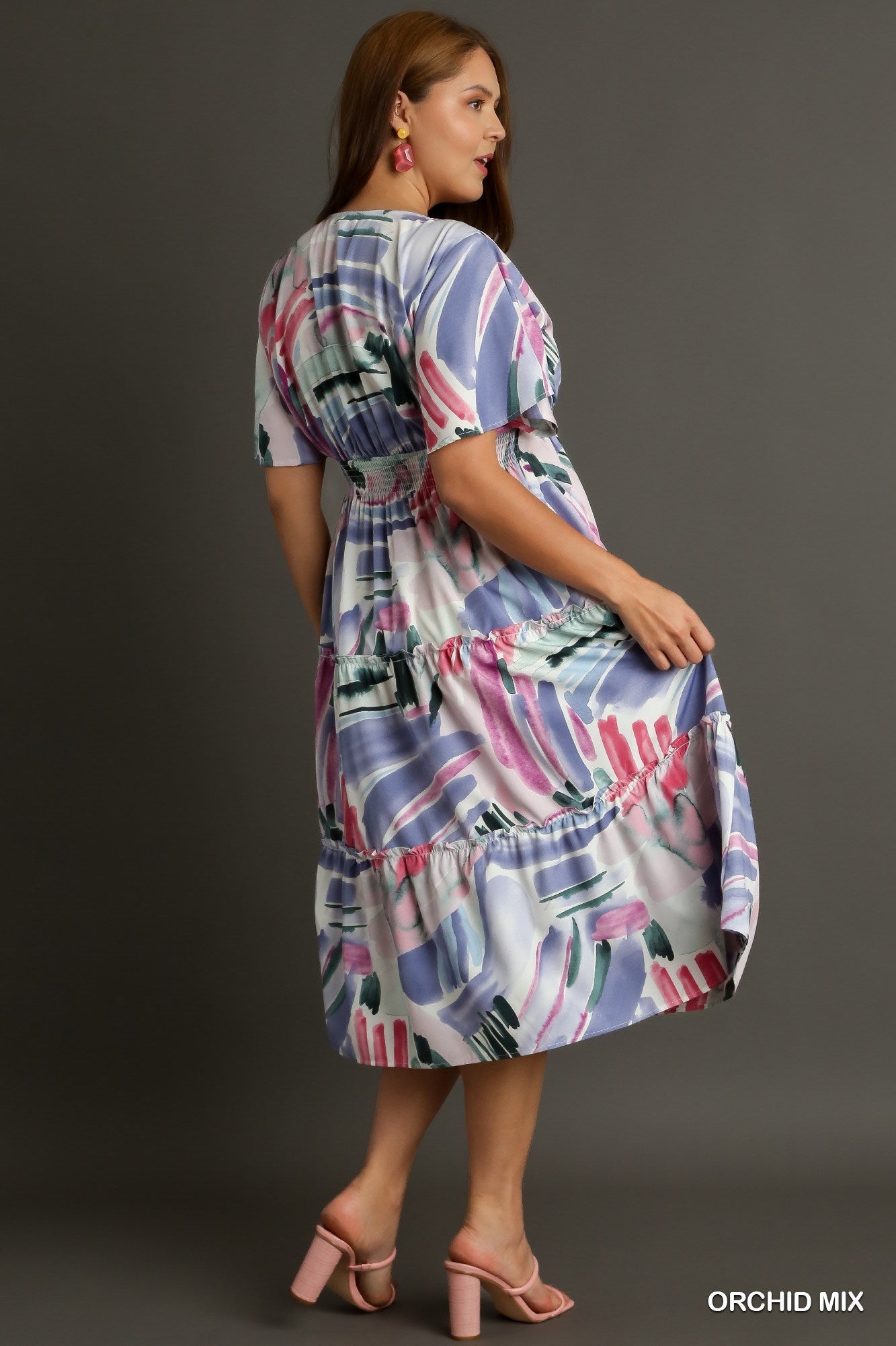 Abstract V-Neck Tiered Ruffle Midi Dress
