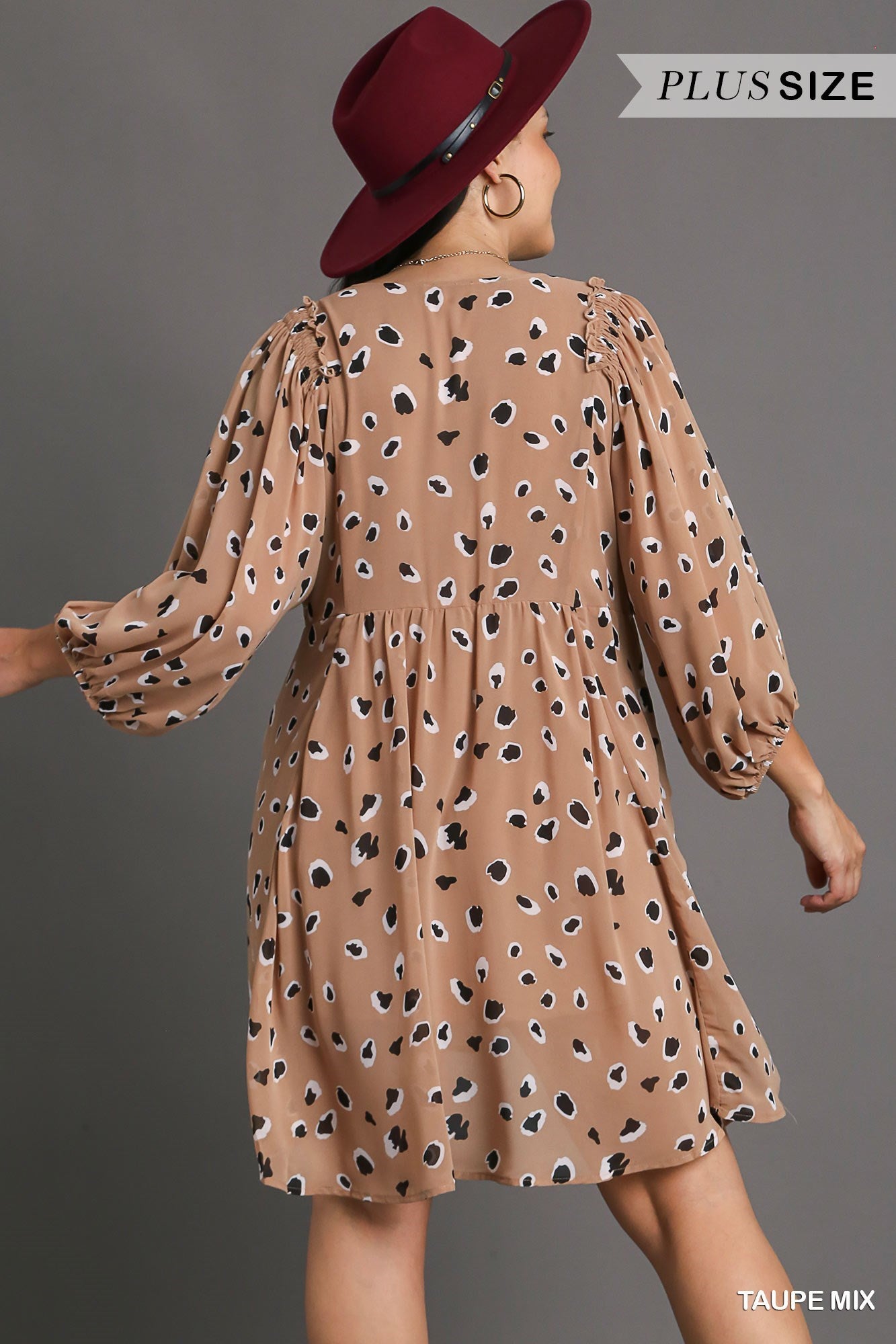 Taupe Animal Print Puff Sleeve Babydoll Dress