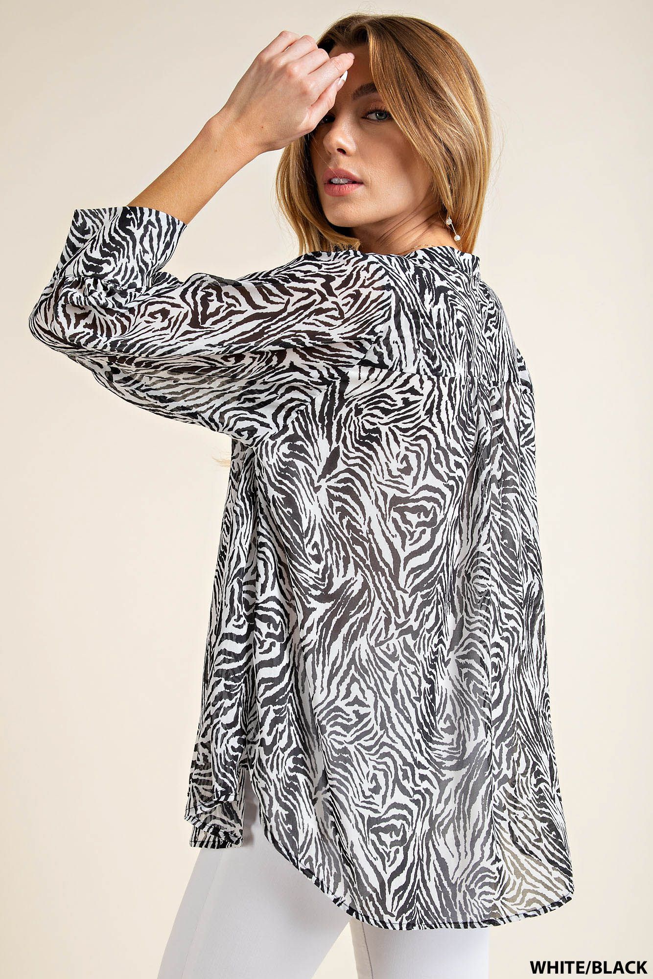 Zebra Print Chiffon Lined Round Neck Blouse