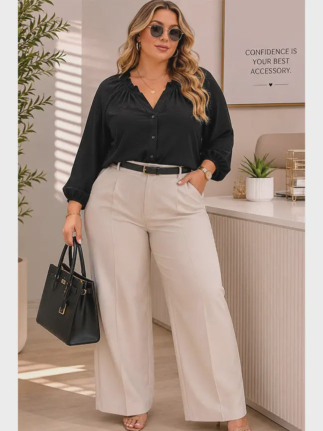 Plus Air Flow Ruffle Neck Blouse
