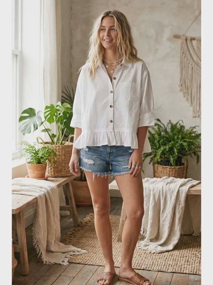 Ruffle Hem Button Poplin Top