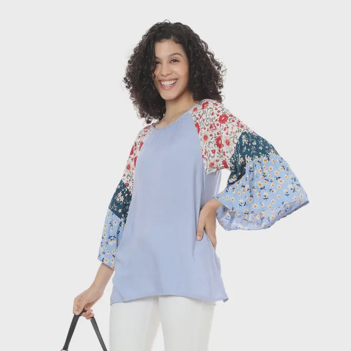 Blue Floral Sleeve Blouse