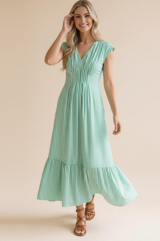 Pleated Smocked Stripe Maxi Dress