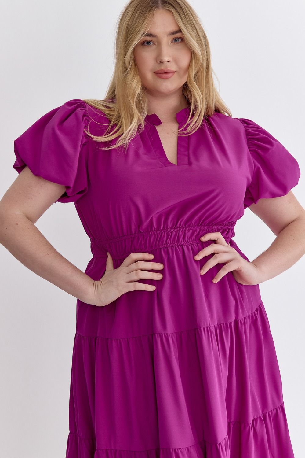 V-Neck Bubble Sleeve Cinched Waist Midi Dress