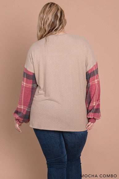 Red Checkered Sleeve Tan Fleece Top