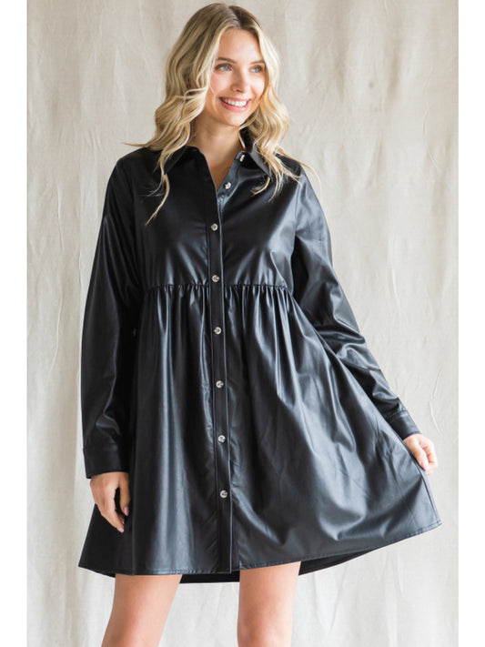 Leather Button Up Babydoll Dress