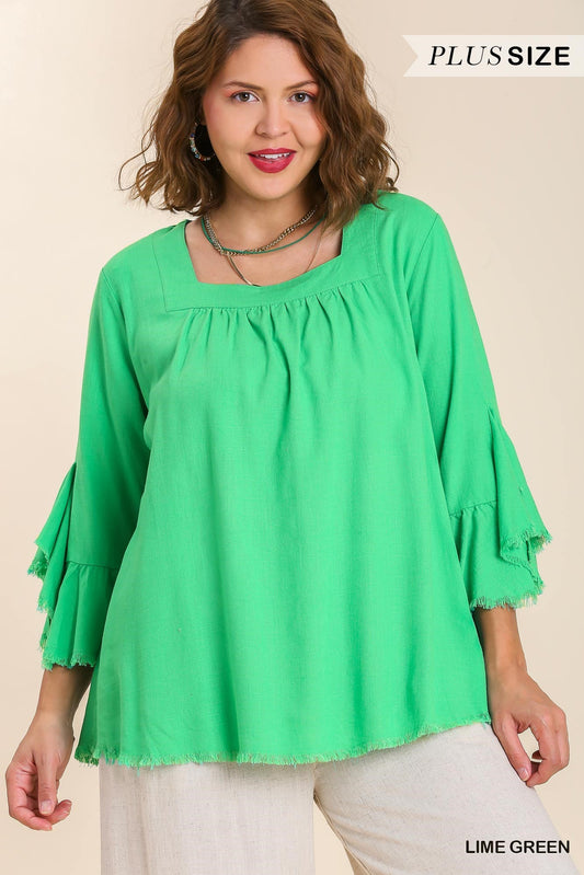 Square Neck Bell Ruffle Sleeve Linen Blouse