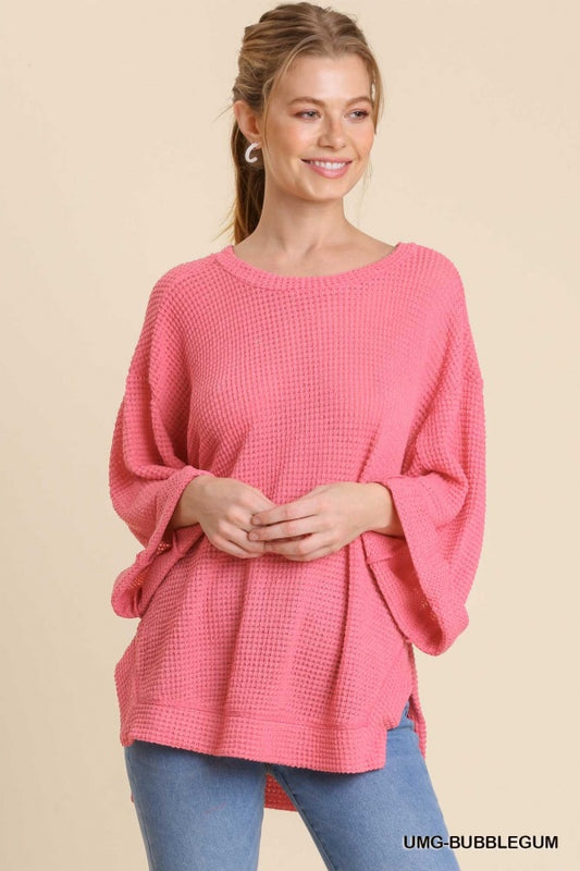 Waffle Knit 3/4 Rolled Sleeve Side Slit Top