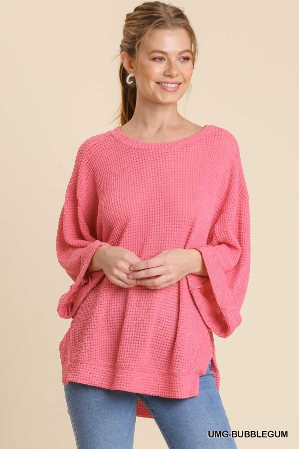 Waffle Knit 3/4 Rolled Sleeve Side Slit Top
