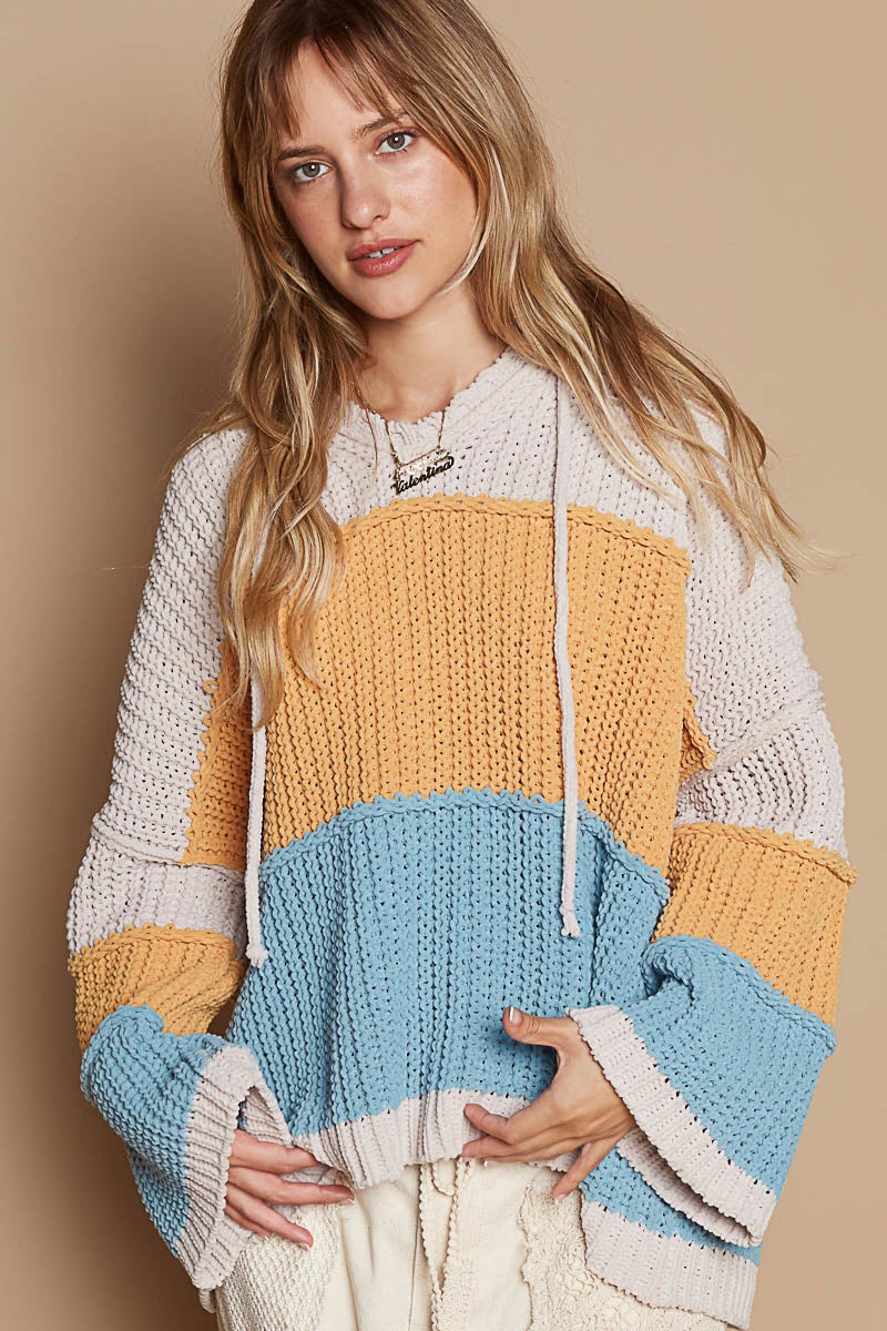 Blue & Mustard Colorblock Knit Hoodie