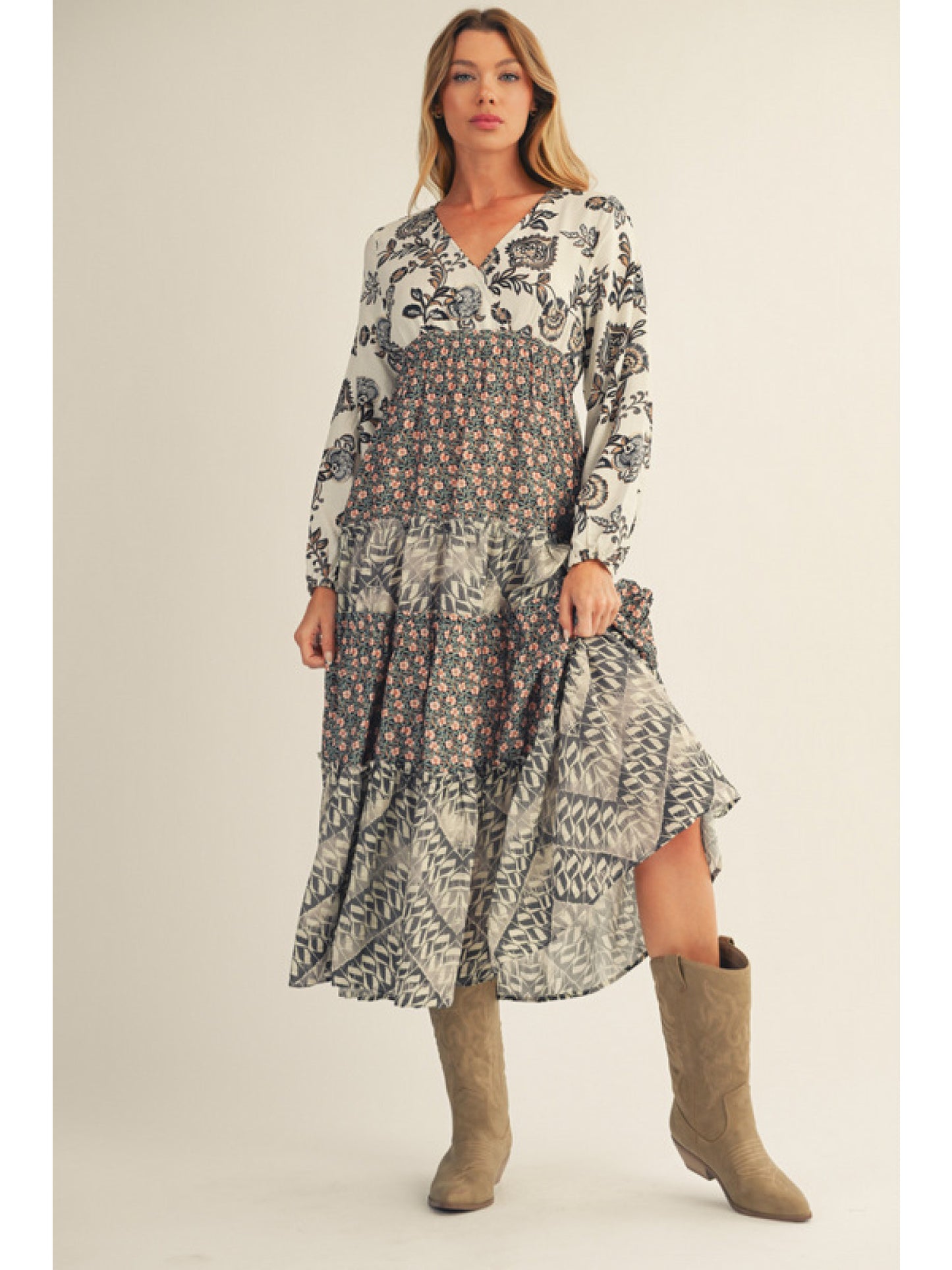 Green & Gray Floral Dress