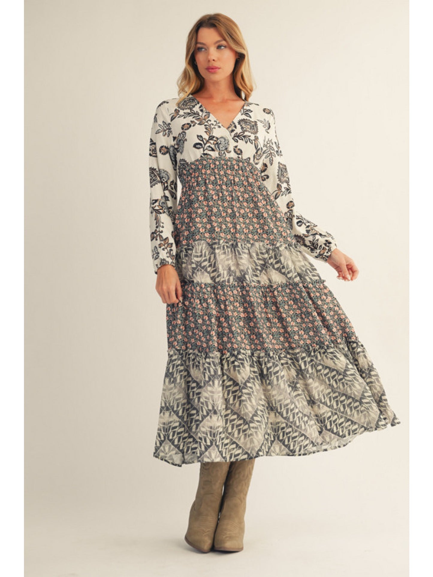 Green & Gray Floral Dress