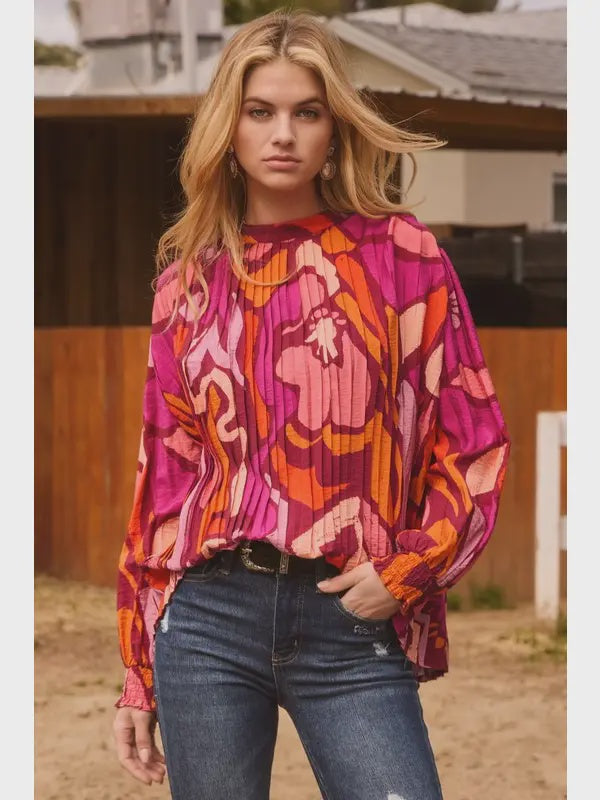 Plus Geo Printed Mock Neck Blouse