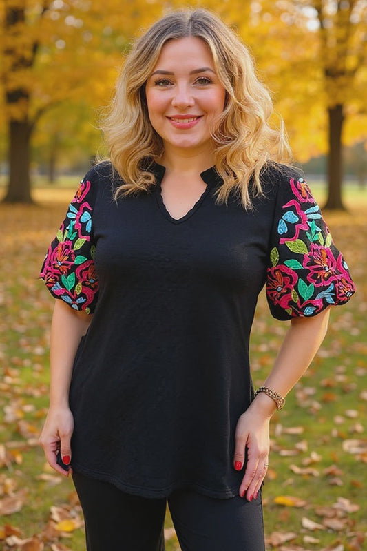 Floral Embroidery black knit Top