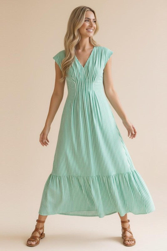 Pleated Smocked Stripe Maxi Dress