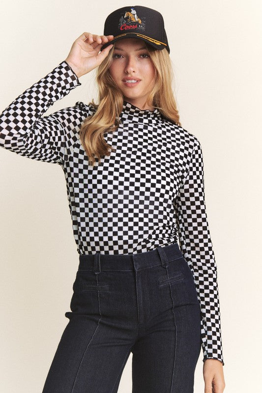 Long Sleeve Checkered Mesh Top