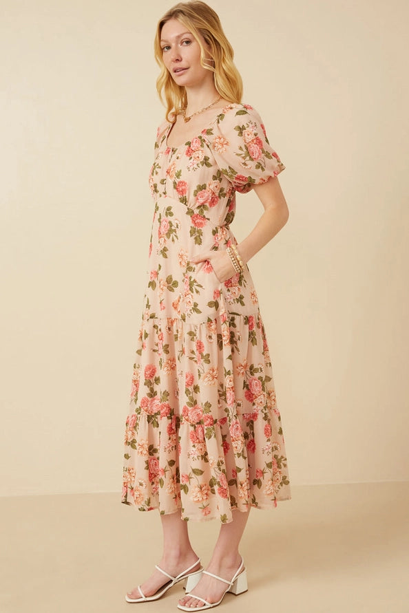 Romantic Floral Button Detail Dress