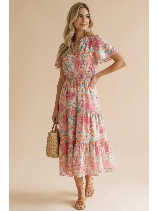 Notch Neck Smocked Waist Maxi