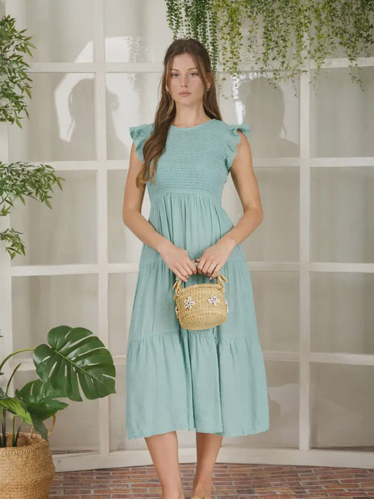 Tiered Smocked Short Sleeve Midi Dress