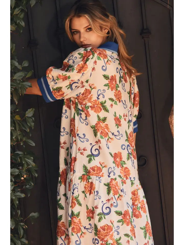 Floral Tiered Blue Trim Dress